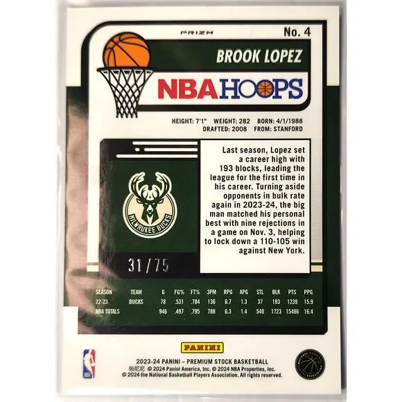 2023-24 NBA Hoops Premium Stock BROOK LOPEZ #4 Blue Pulsar Prizm Parallel 31/75 - Picture 2 of 3